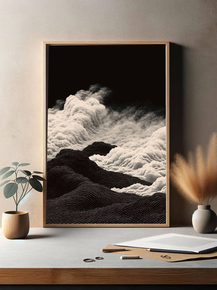 Monochrome Cloudscape Abstract Print. — room view 2