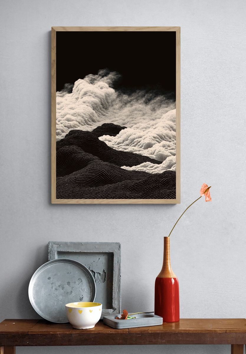 Monochrome Cloudscape Abstract Print. — room view 3