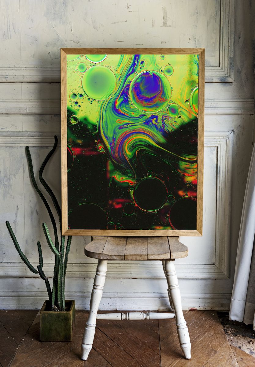 Neon Bubble Swirl Abstract Poster. — room view 1