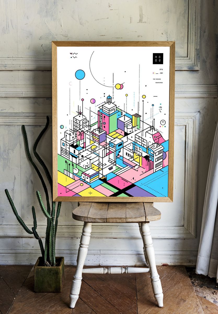 Neon Isometric City Abstract Poster. — room view 1