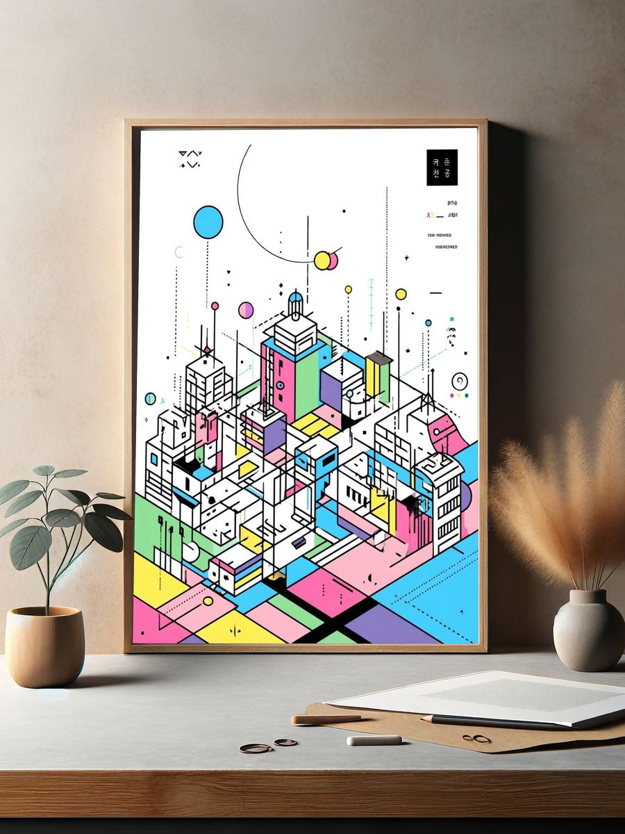 Neon Isometric City Abstract Poster. — room view 2
