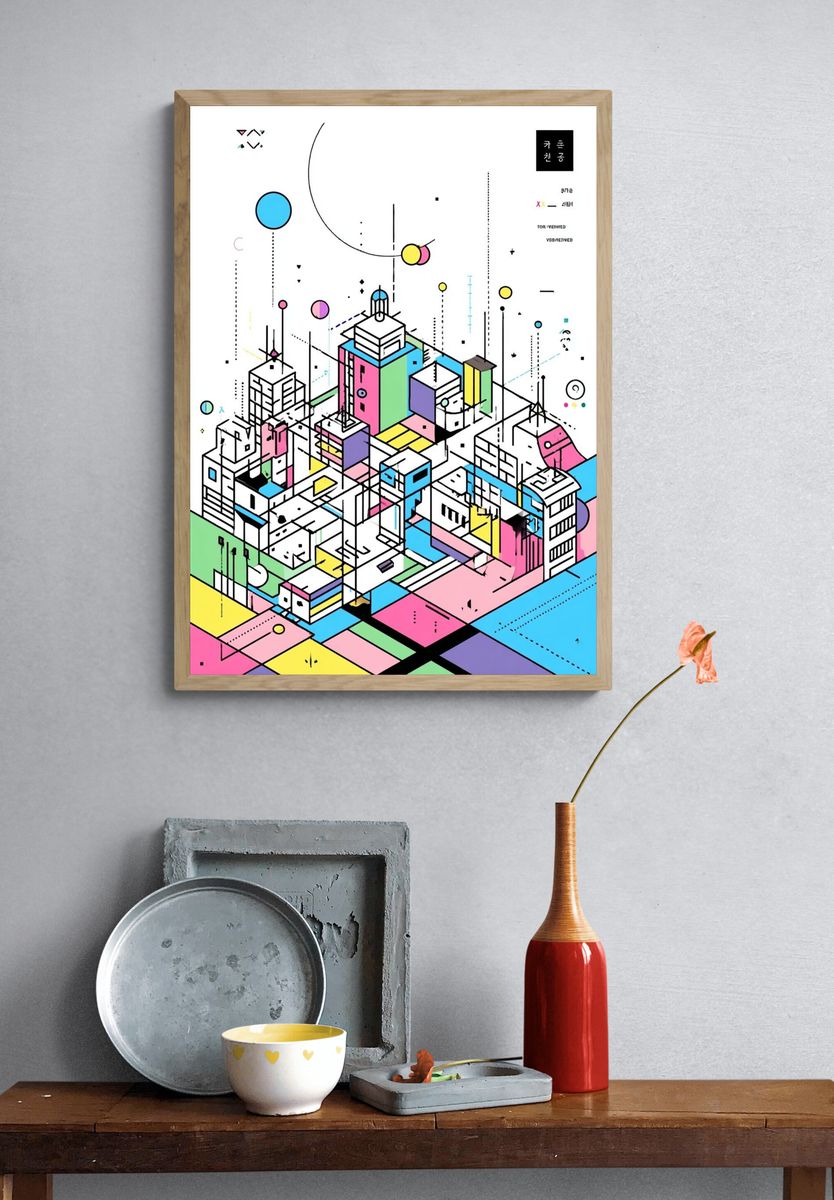 Neon Isometric City Abstract Poster. — room view 3