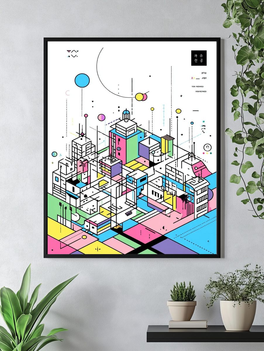 Neon Isometric City Abstract Poster. — room view 4