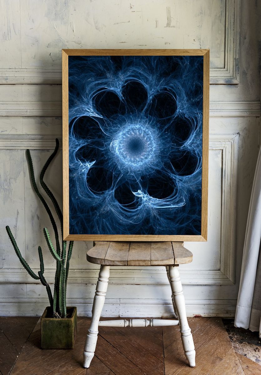 Blue Fractal Bloom Abstract Poster. — room view 1