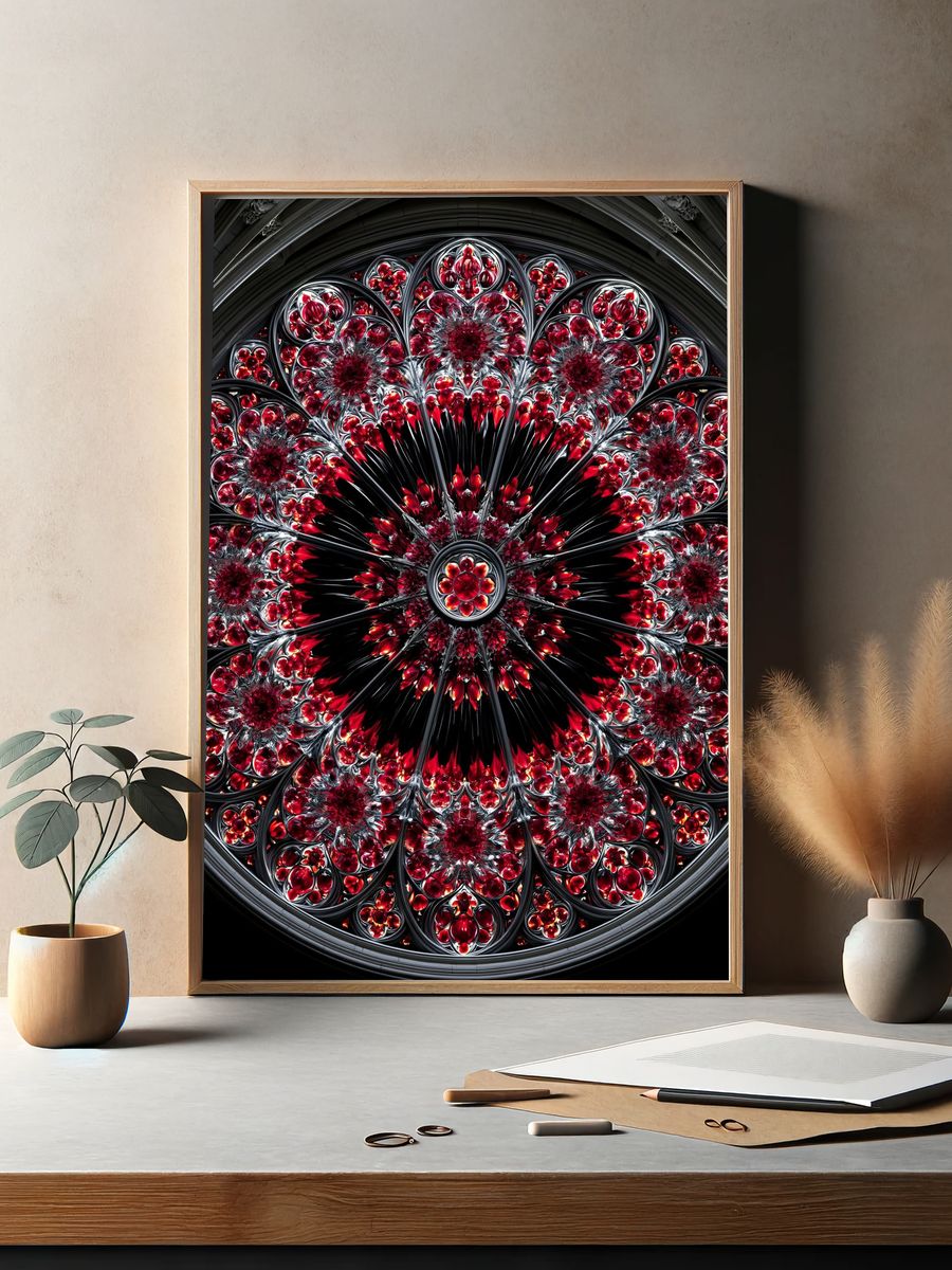 Crimson Rose Mandala Abstract Poster. — room view 2