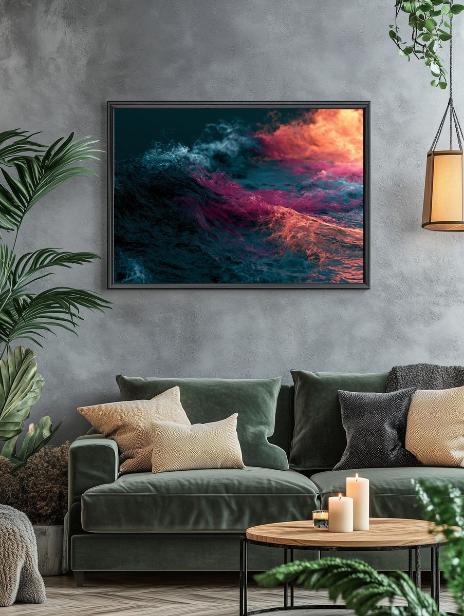 Neon Ocean Waves Abstract Poster. — room view 4