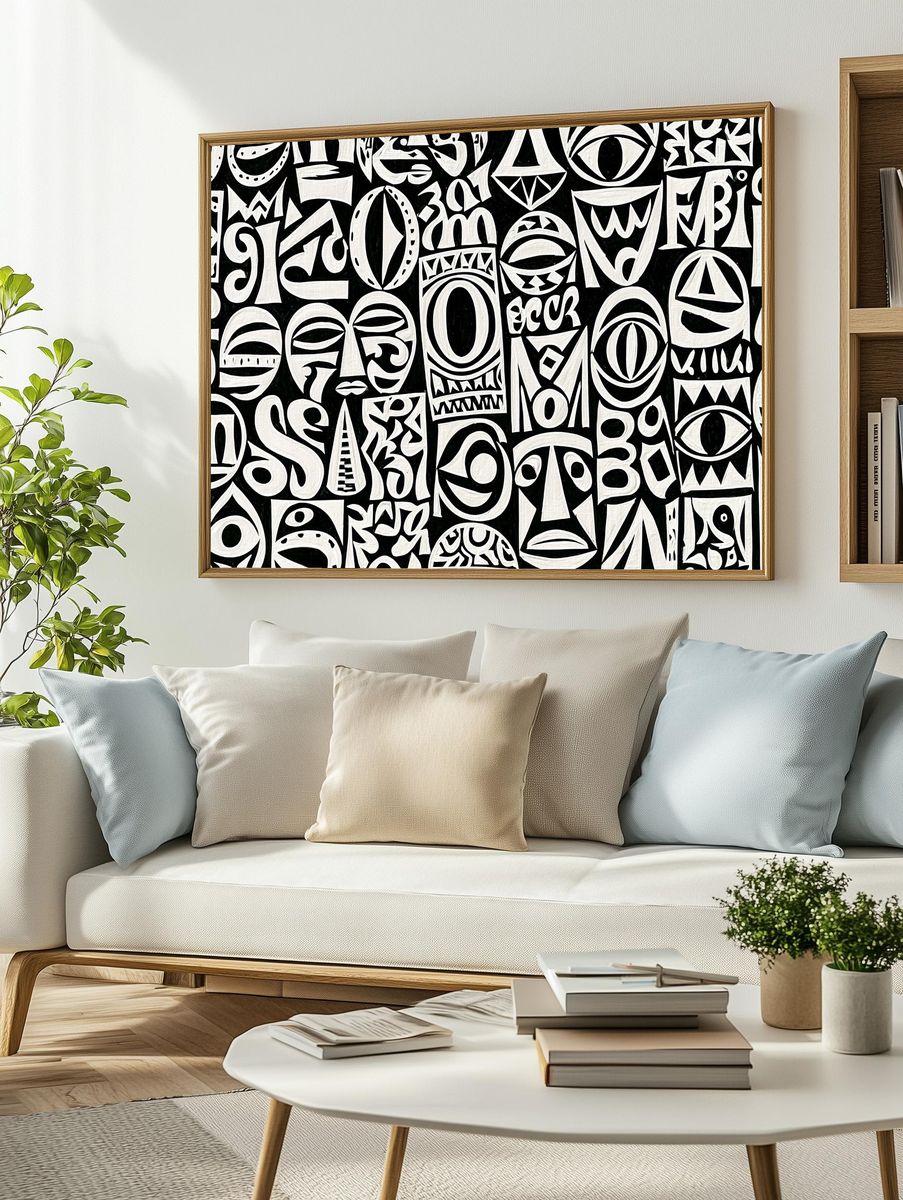 Tribal Mask Pattern Abstract Print. — room view 2