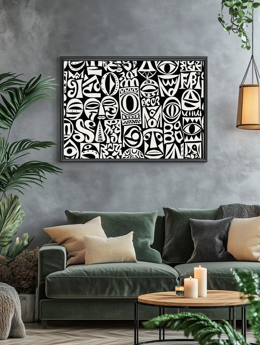 Tribal Mask Pattern Abstract Print. — room view 4