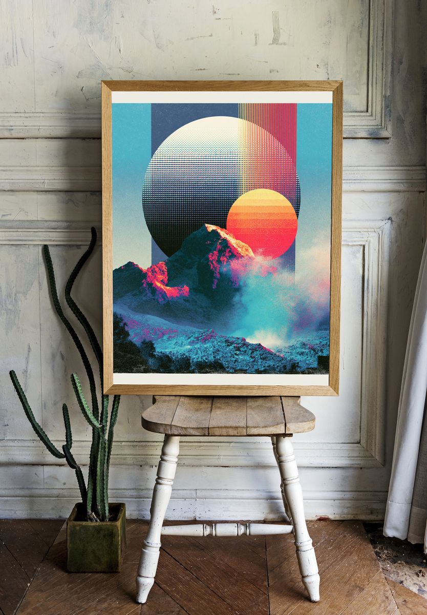 Neon Mountain Sunrise Abstract Print. room preview