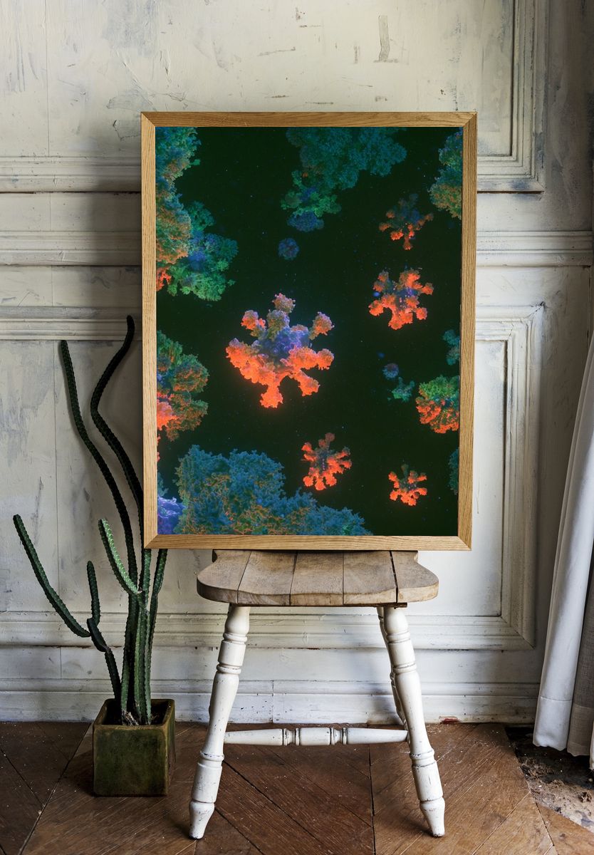 Neon Coral Bloom Abstract Poster. — room view 1