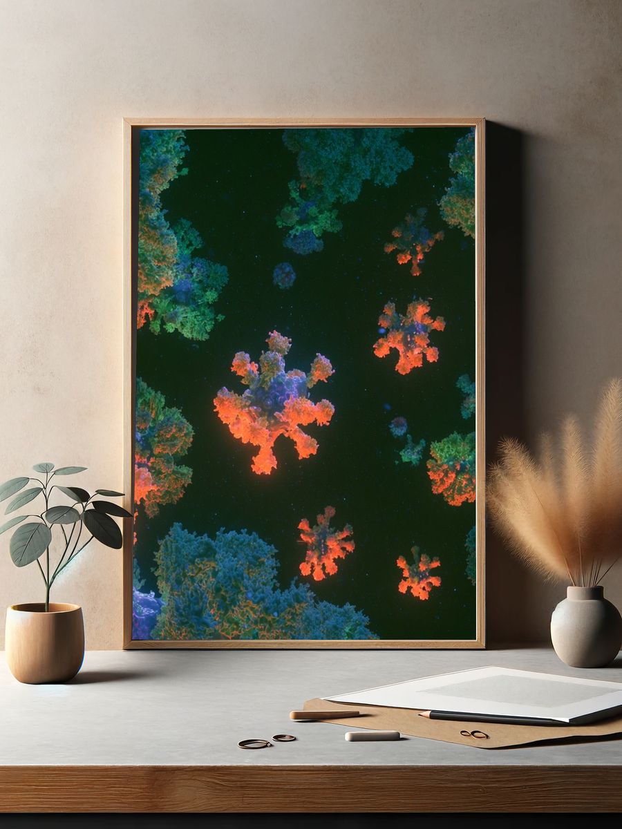 Neon Coral Bloom Abstract Poster. — room view 2