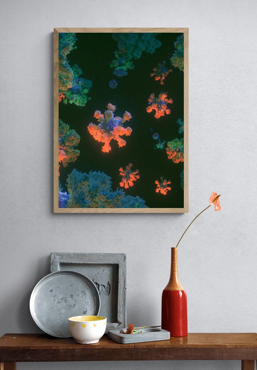 Neon Coral Bloom Abstract Poster. — room view 3
