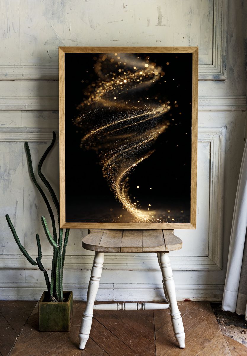 Golden Particle Spiral Abstract Poster. room preview