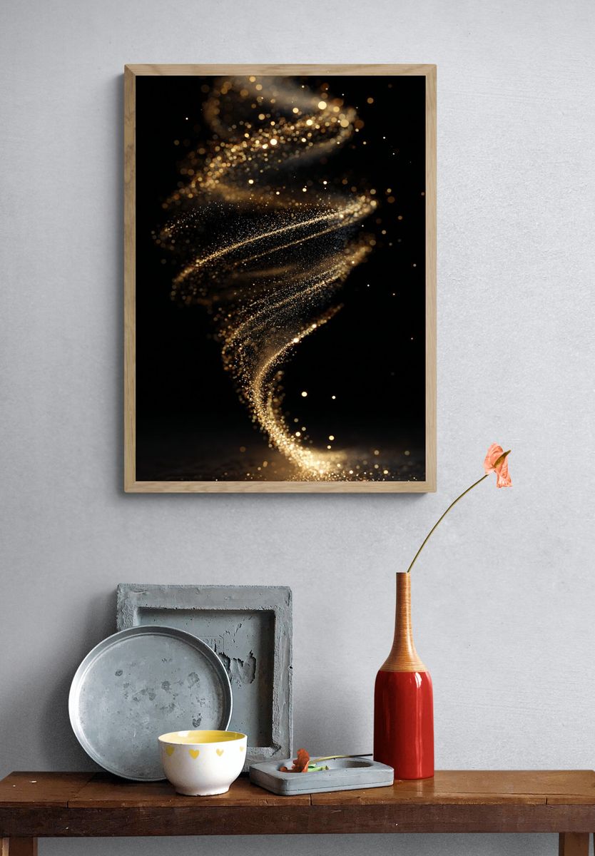 Golden Particle Spiral Abstract Poster. — room view 3