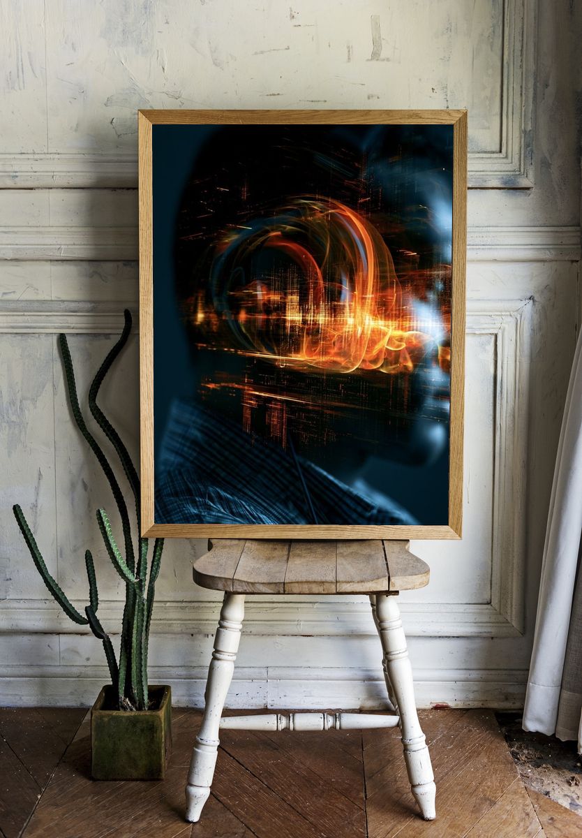 Neon Circuit Face Abstract Poster. room preview