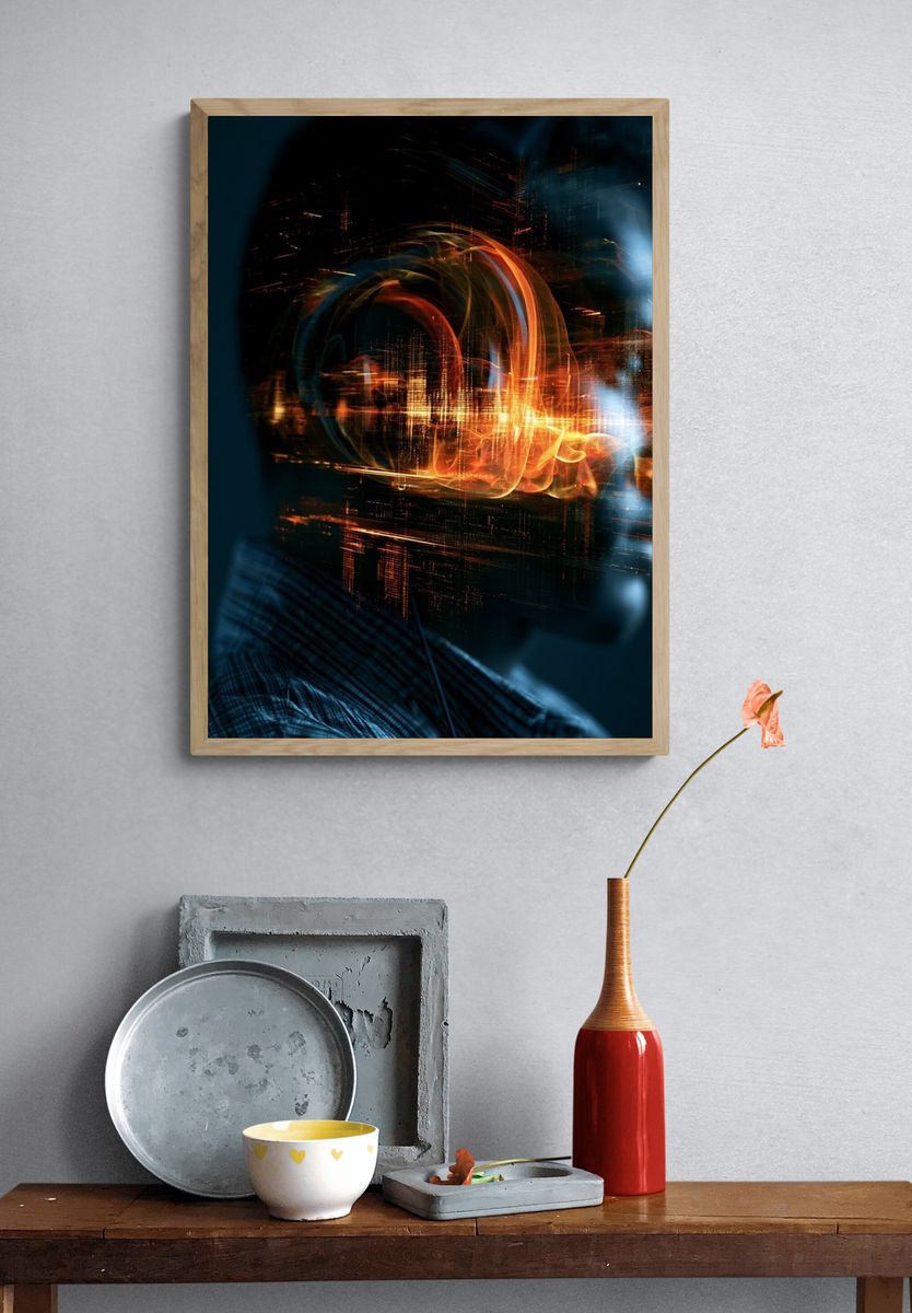 Neon Circuit Face Abstract Poster. — room view 3