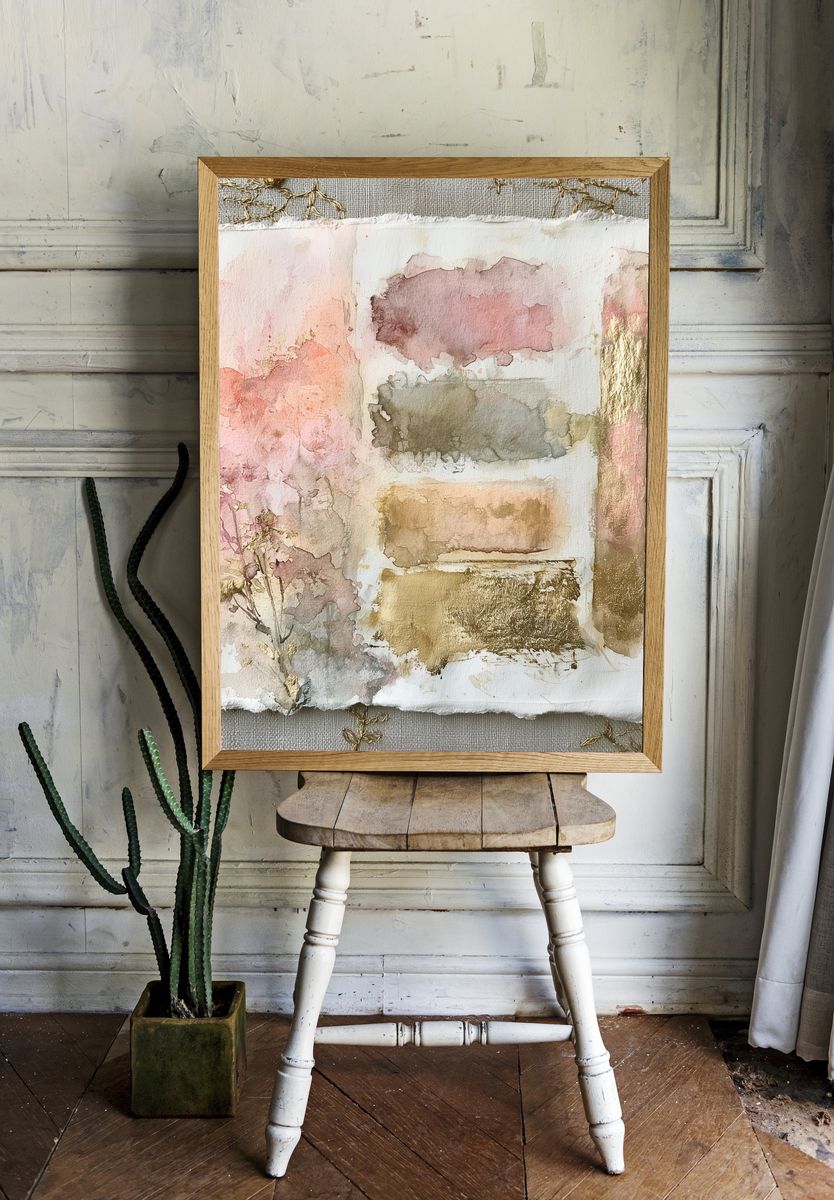 Blush Gold Watercolor Abstract Poster. — room view 1