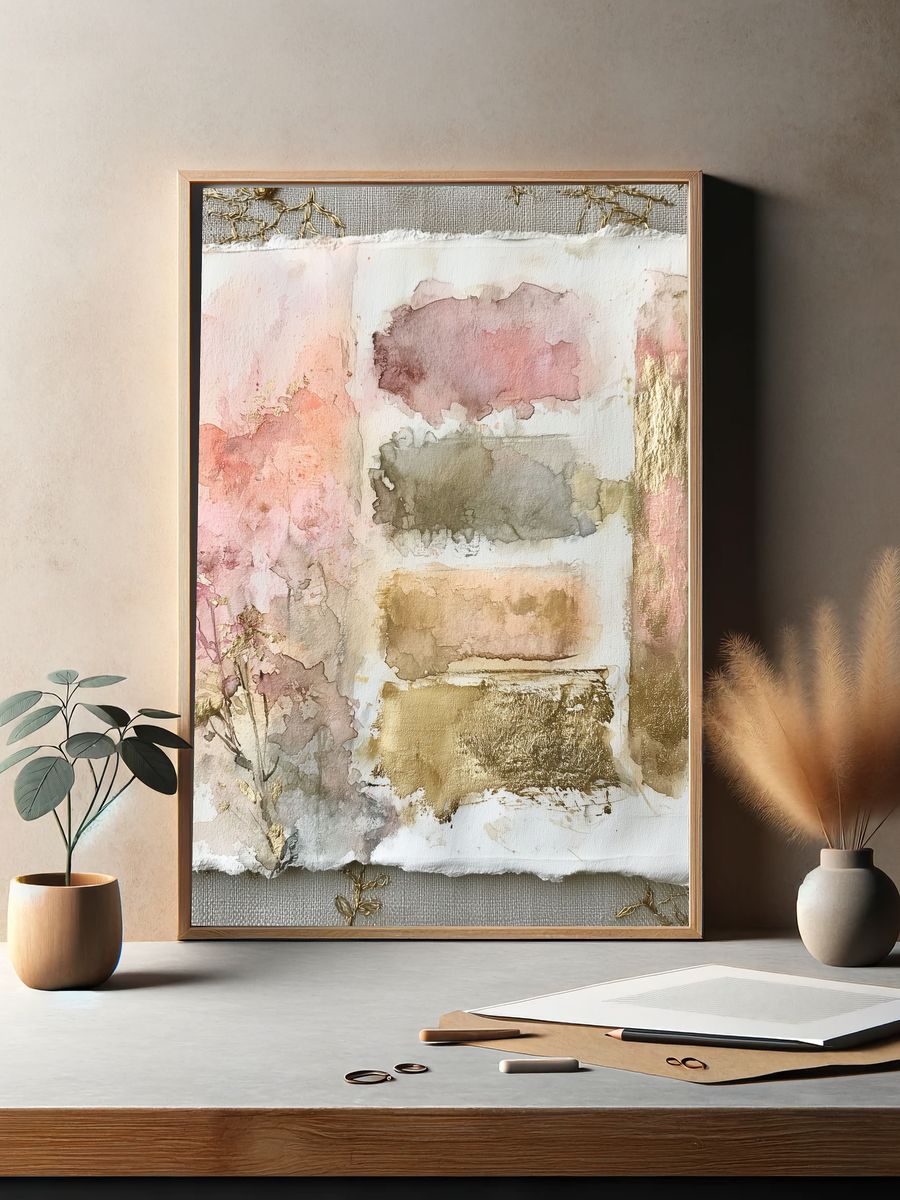 Blush Gold Watercolor Abstract Poster. — room view 2