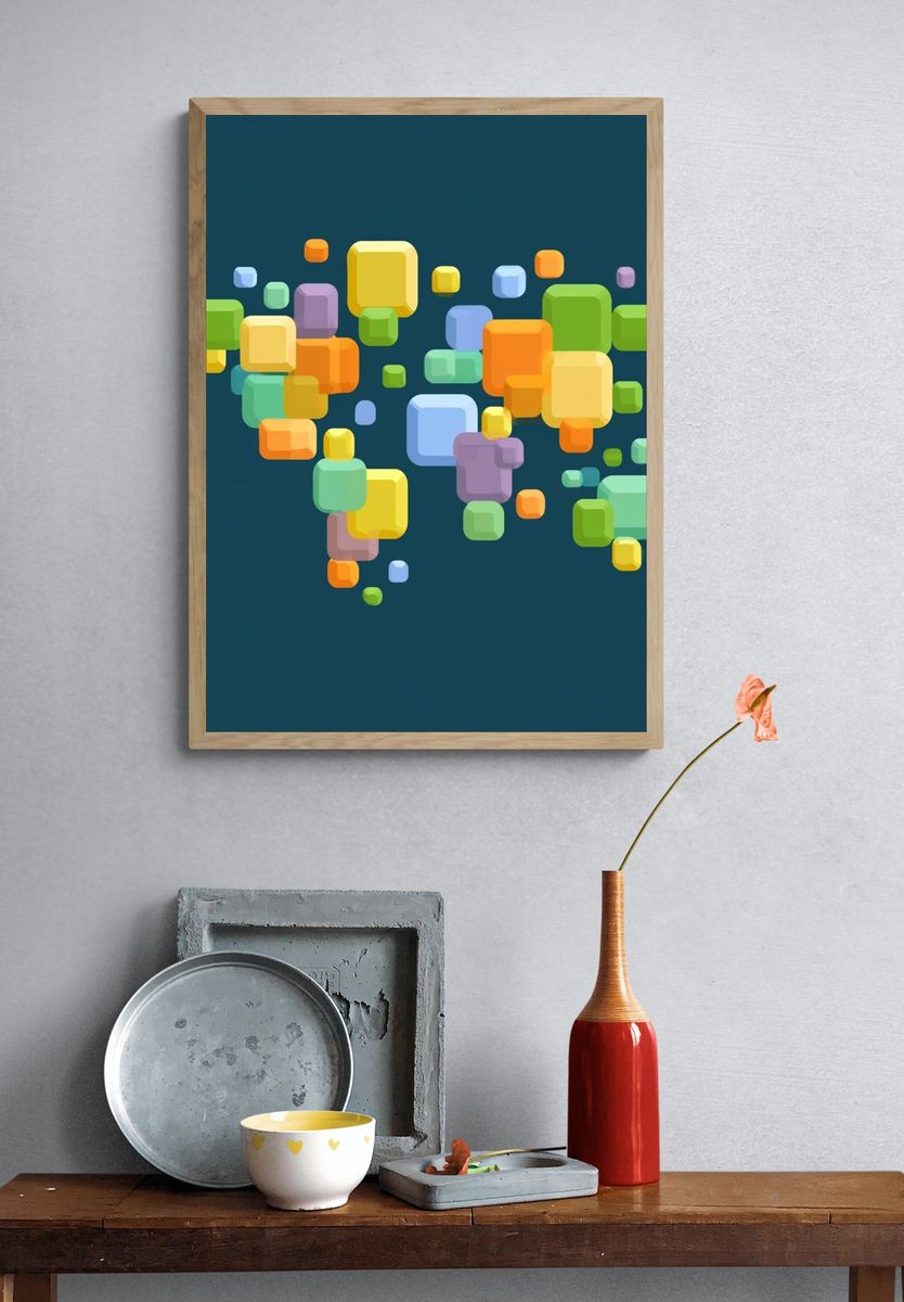 Colorful Floating Squares Abstract Poster. — room view 3