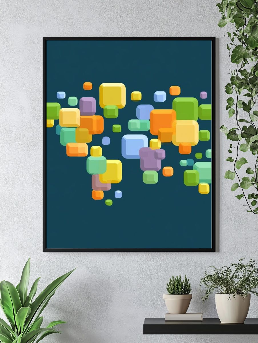 Colorful Floating Squares Abstract Poster. — room view 4