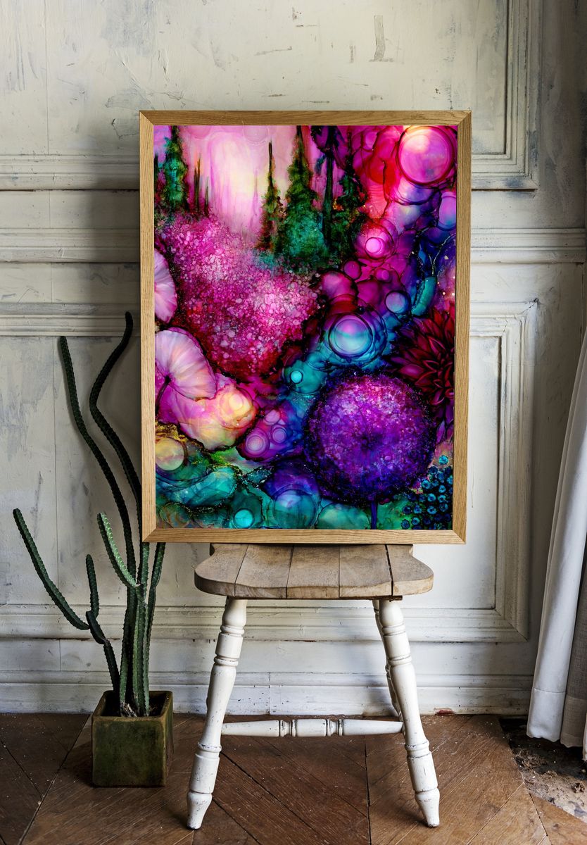Neon Floral Dreamscape Abstract Print. room preview