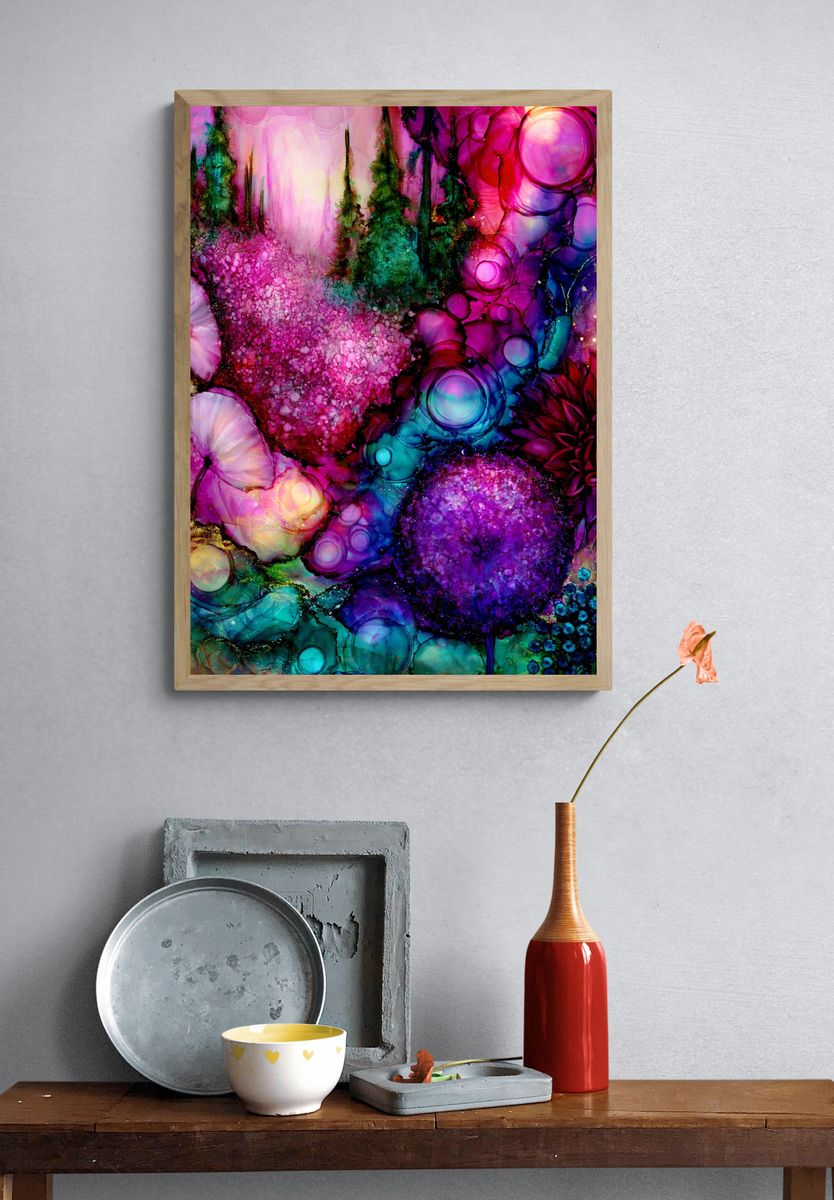 Neon Floral Dreamscape Abstract Print. — room view 3