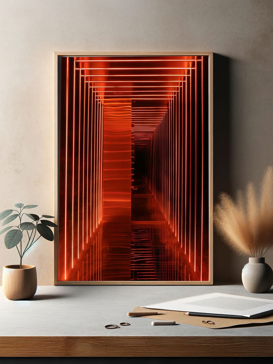 Neon Red Tunnel Abstract Print. — room view 2