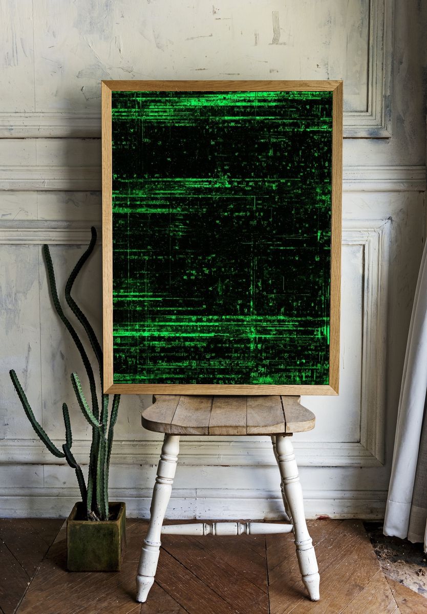 Neon Green Glitch Abstract Poster. — room view 1