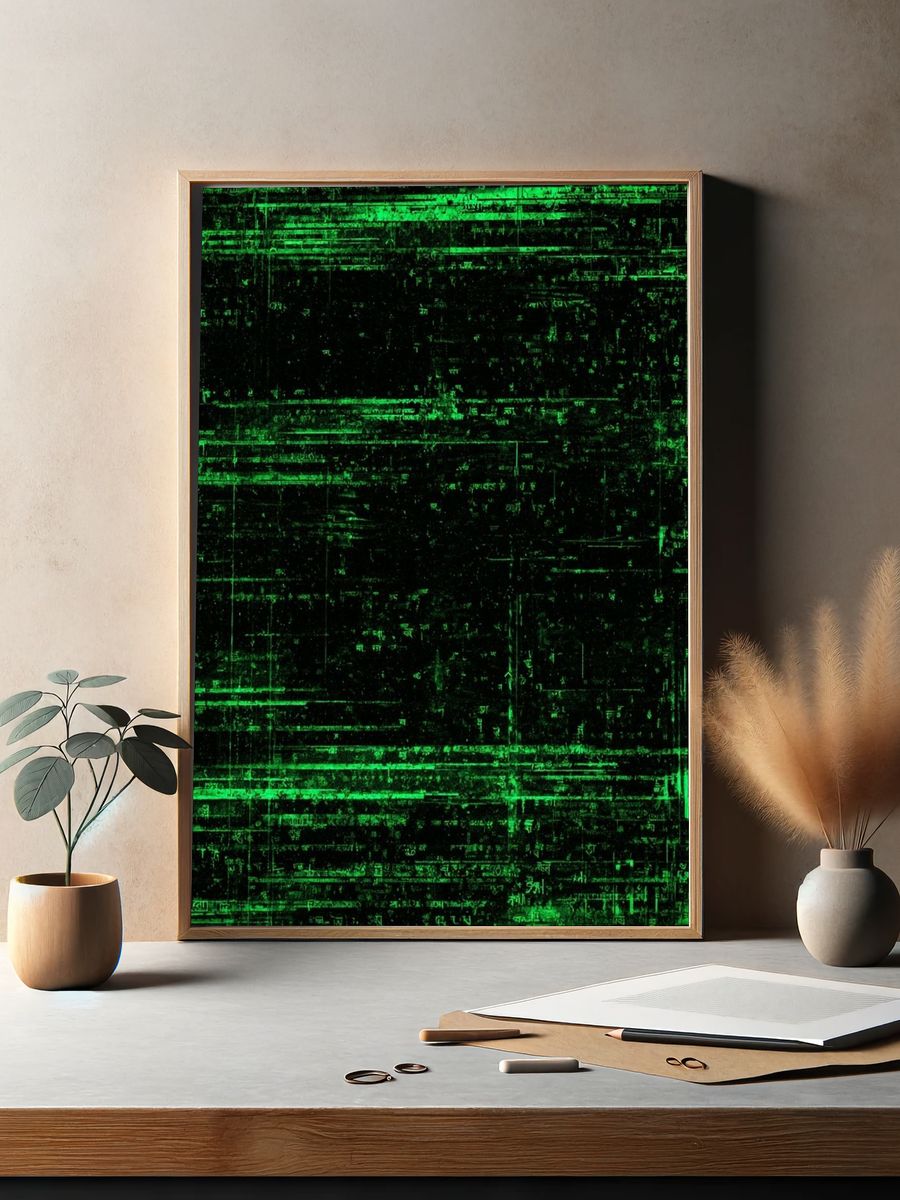 Neon Green Glitch Abstract Poster. — room view 2