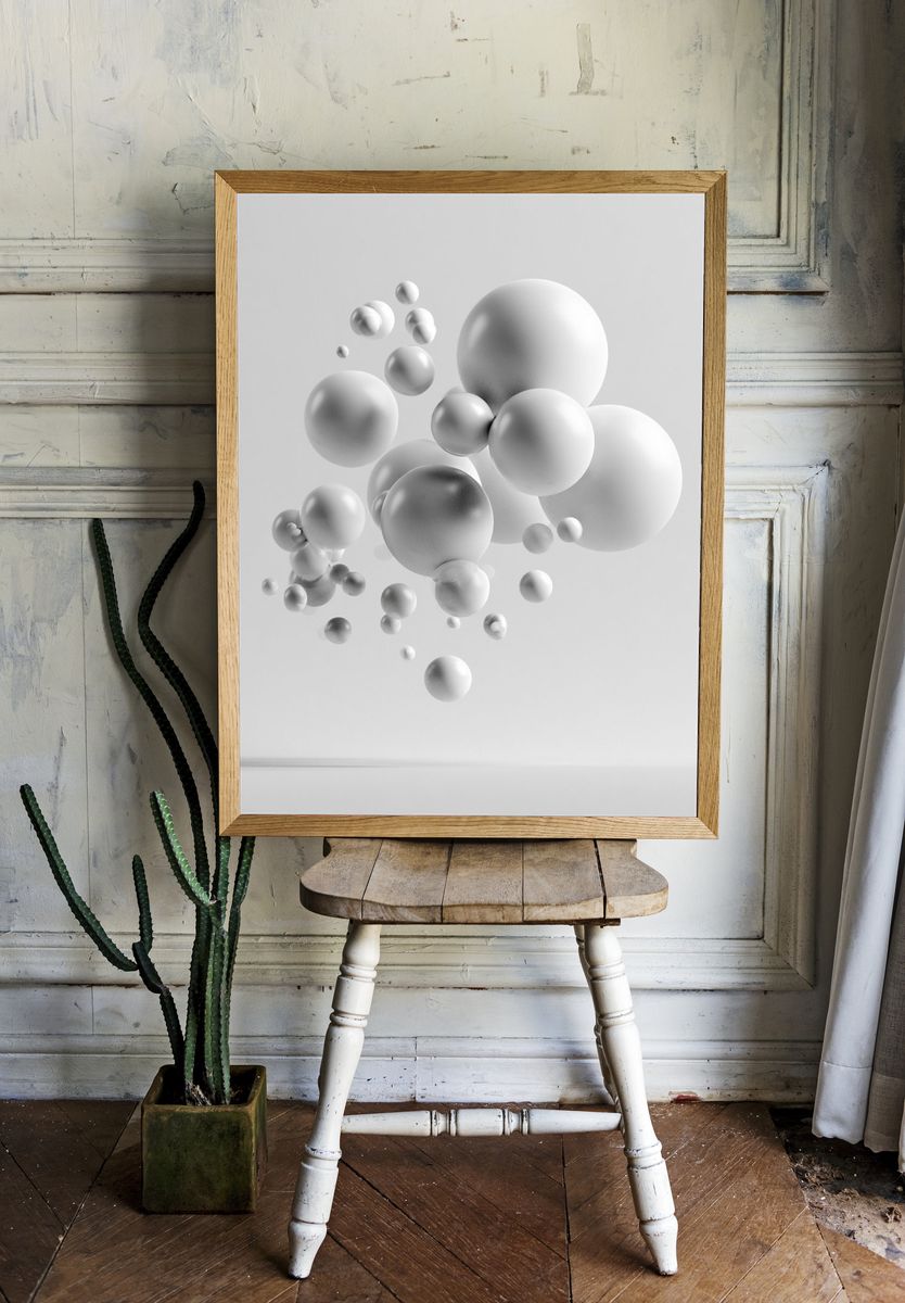 Floating White Spheres Abstract Poster. room preview