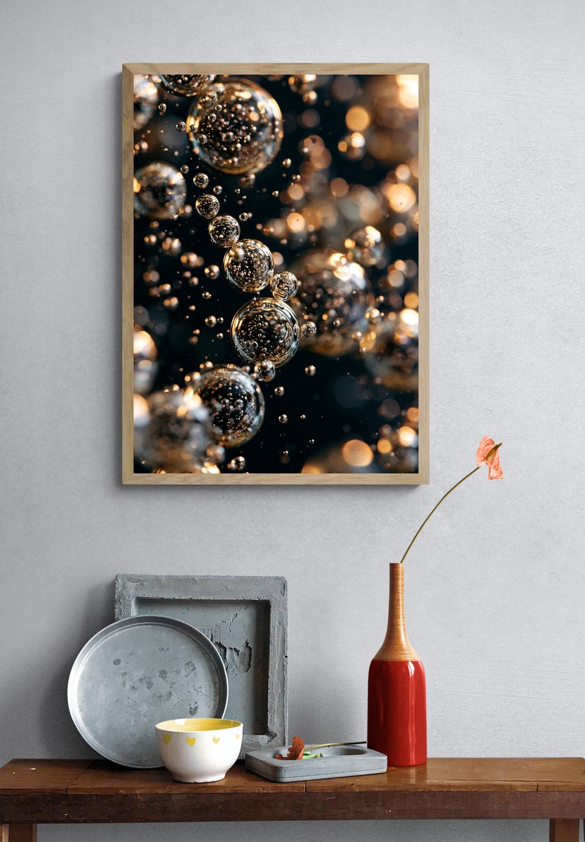 Golden Bubbles Abstract Poster. — room view 3