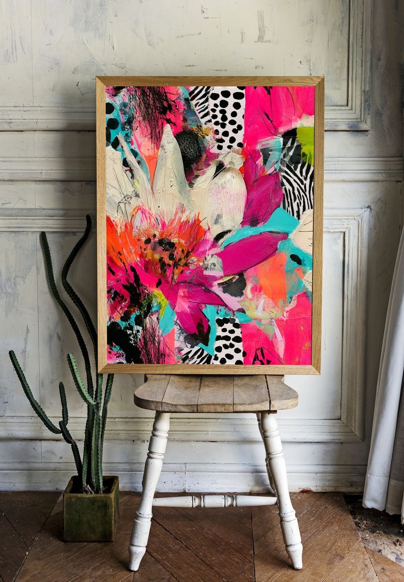Neon Floral Collage Abstract Print. room preview