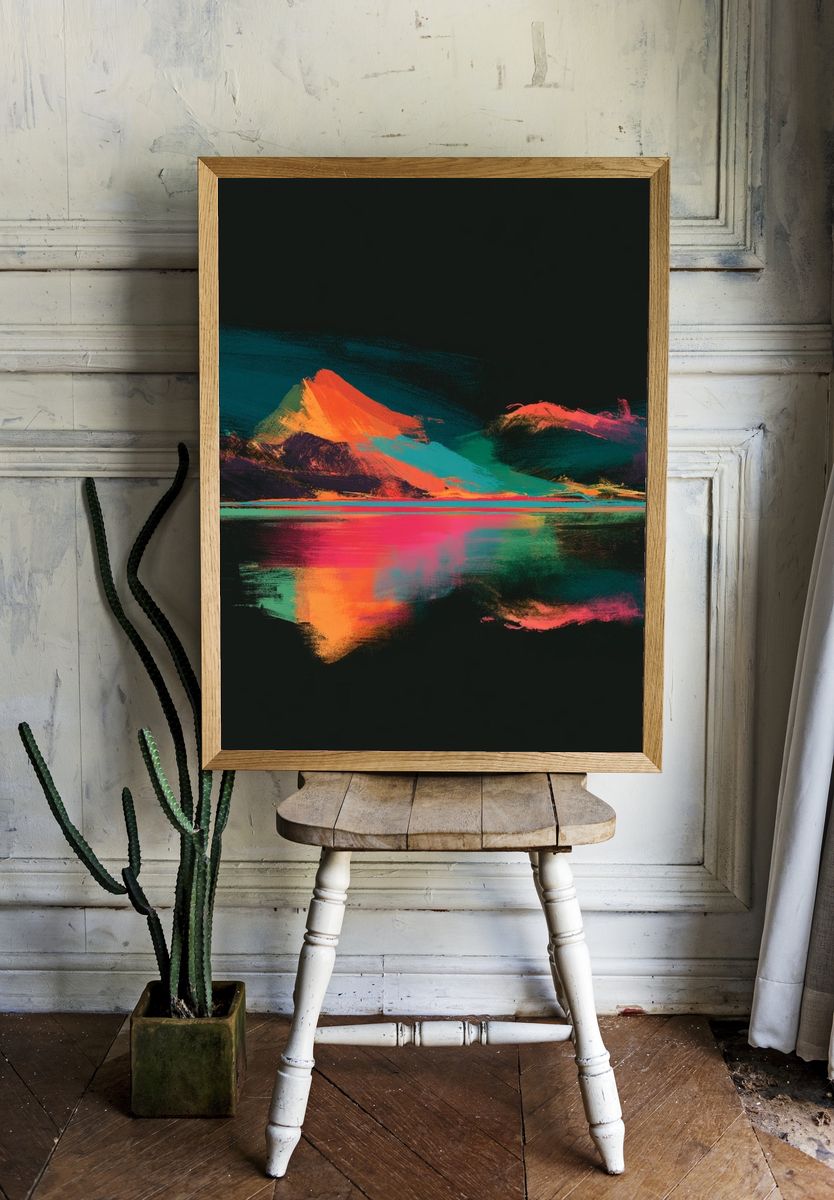 Neon Mountain Reflection Abstract Poster. — room view 1