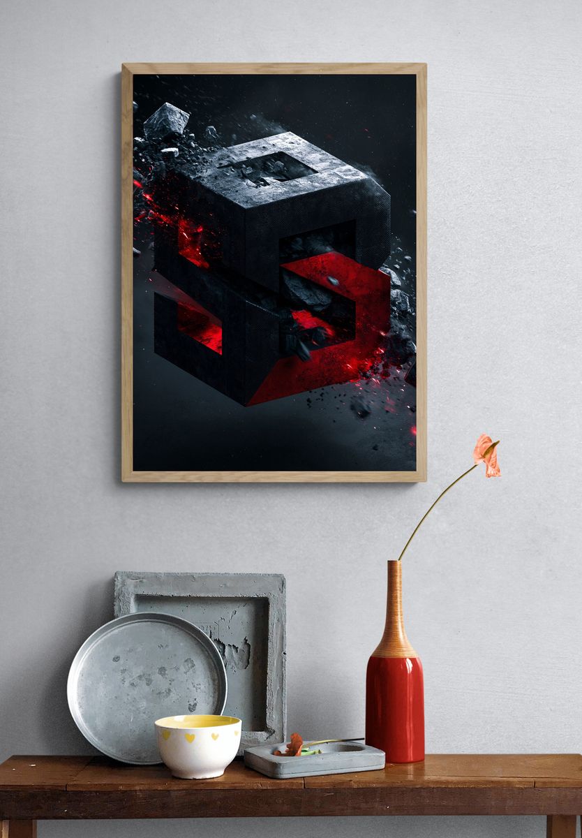 Crimson Stone Abstract Poster. — room view 3