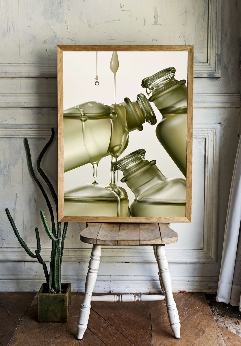 Olive Glass Bottles Abstract Print. — room view 1