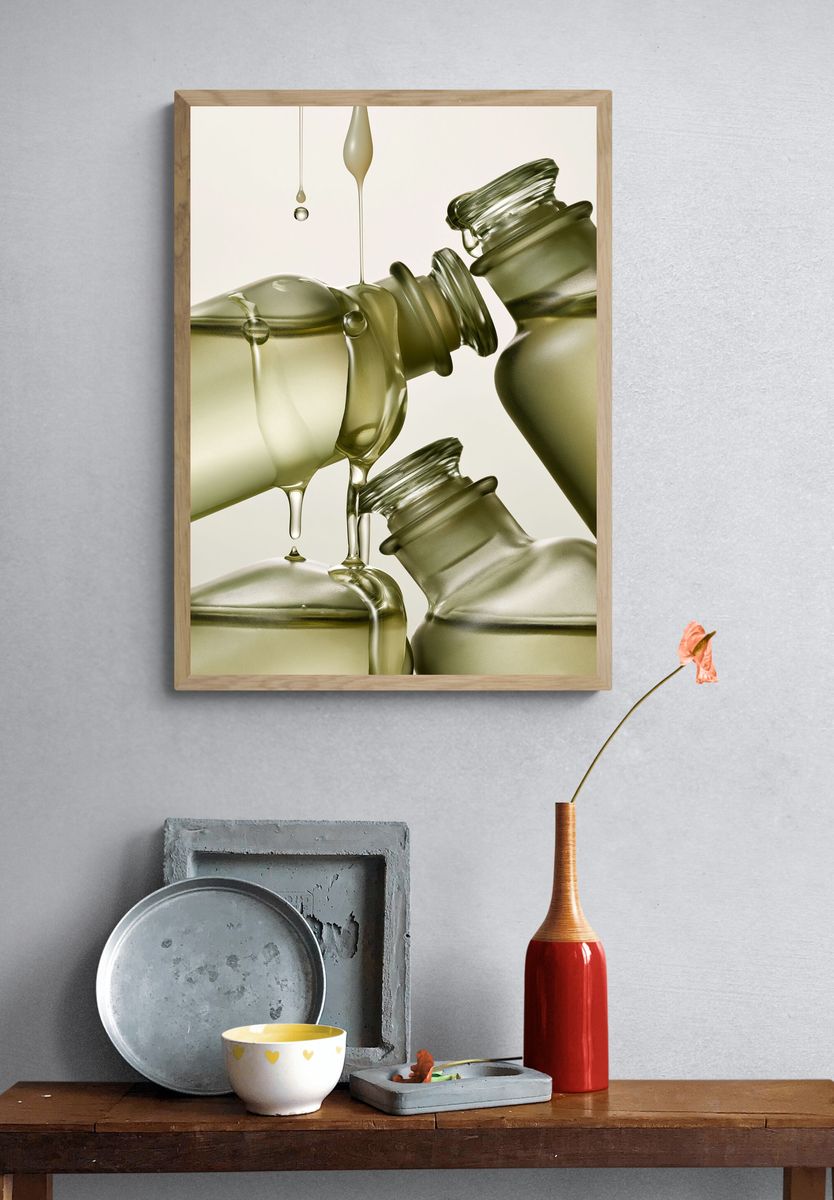 Olive Glass Bottles Abstract Print. — room view 3