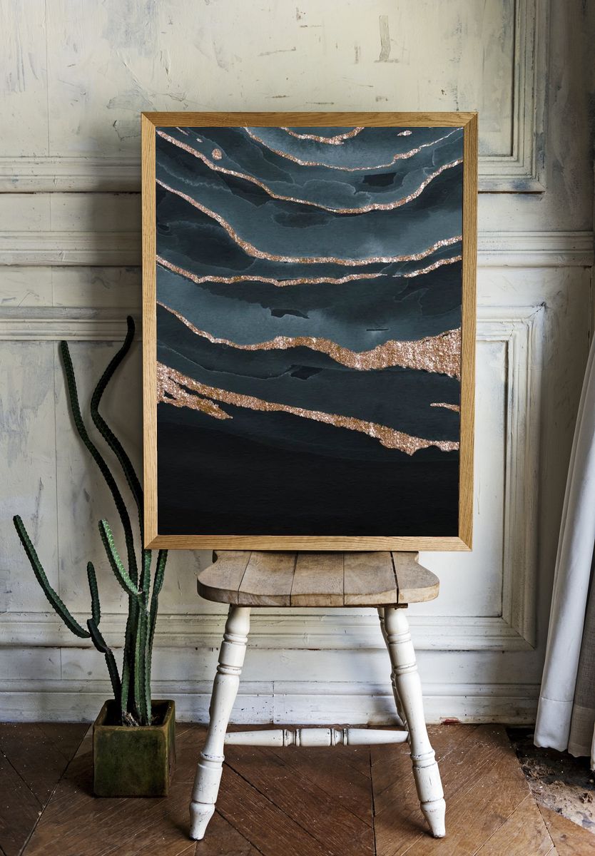 Shimmering dark blue watercolor mobile. room preview
