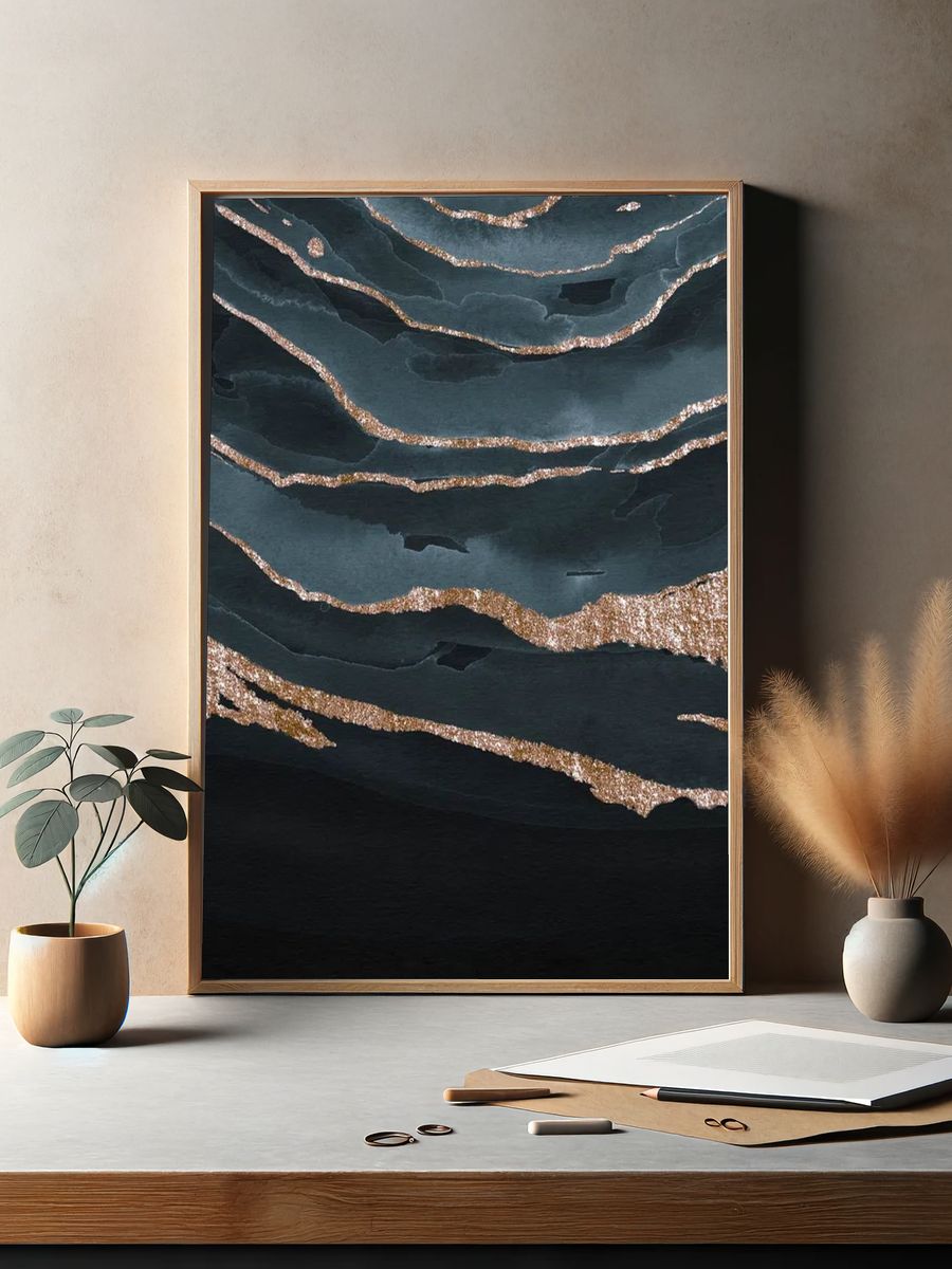 Shimmering dark blue watercolor mobile. — room view 2