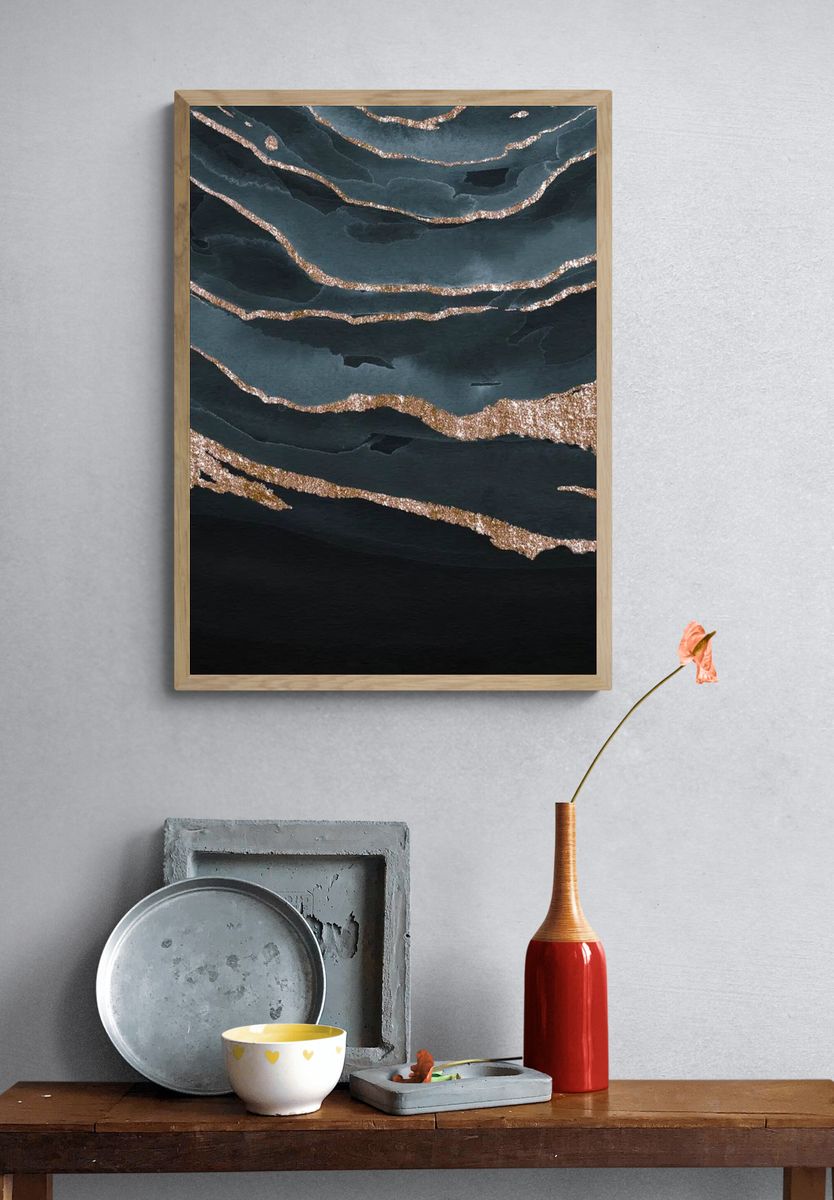Shimmering dark blue watercolor mobile. — room view 3