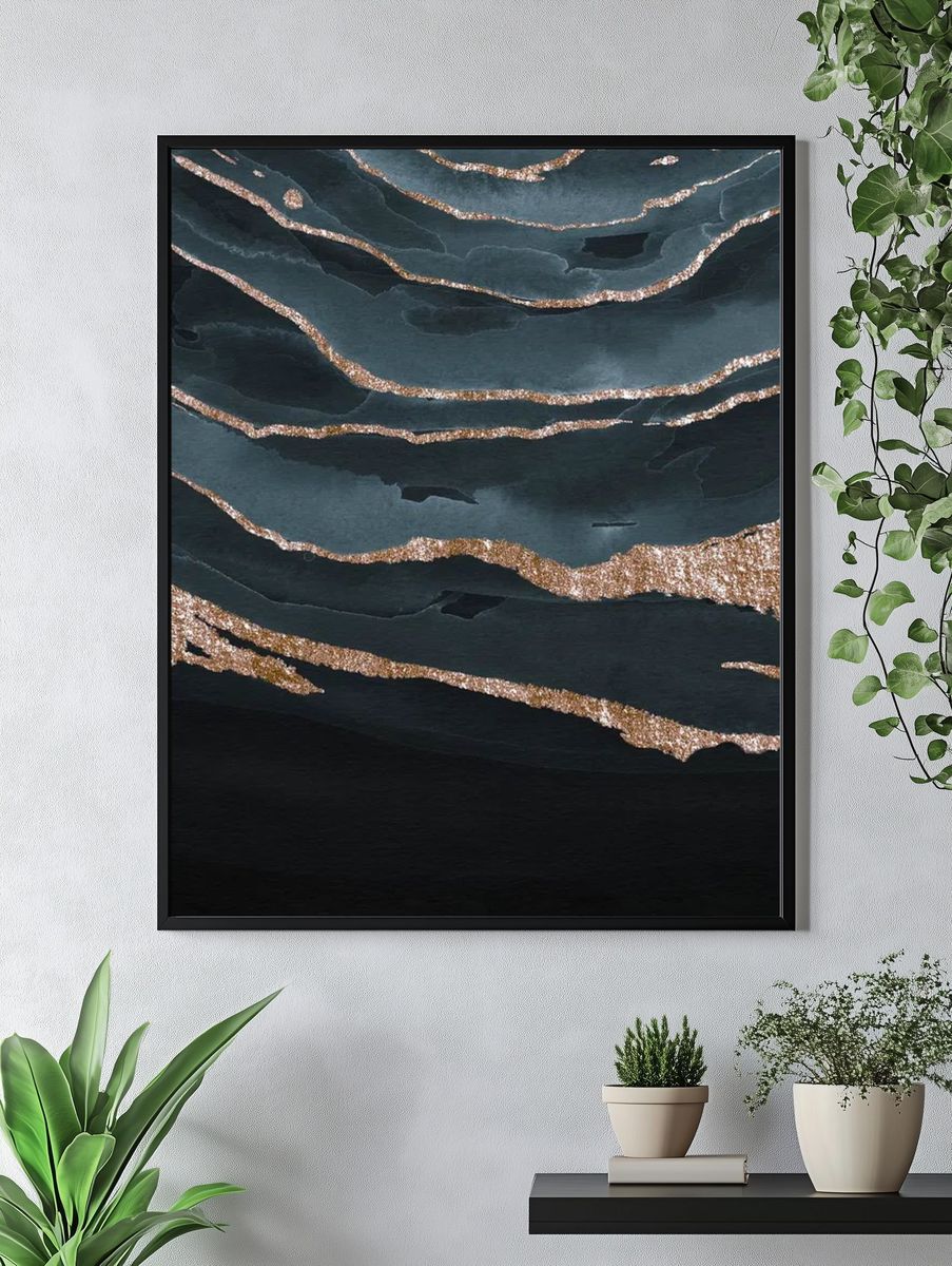 Shimmering dark blue watercolor mobile. — room view 4