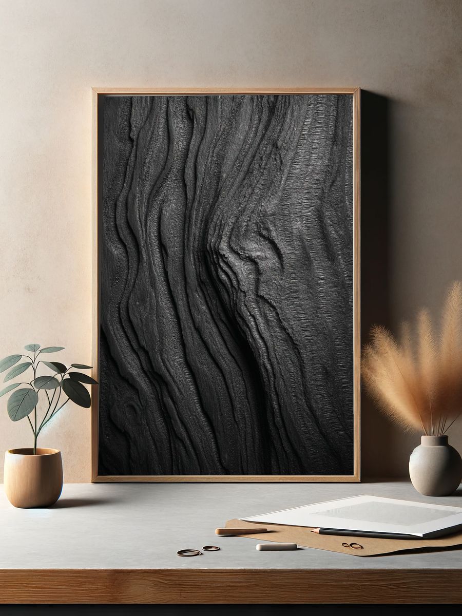 Charcoal Wood Grain Abstract Poster. — room view 2