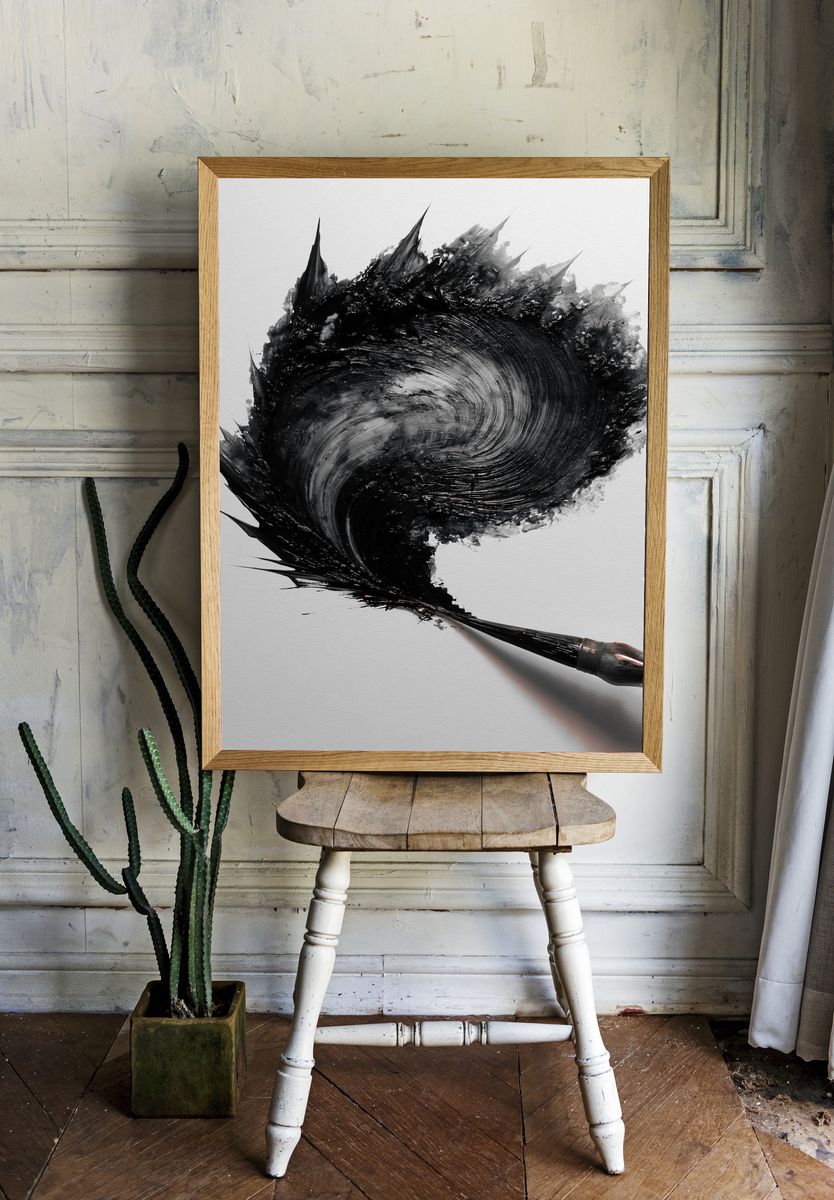 Black Ink Brushstroke Abstract Print. room preview