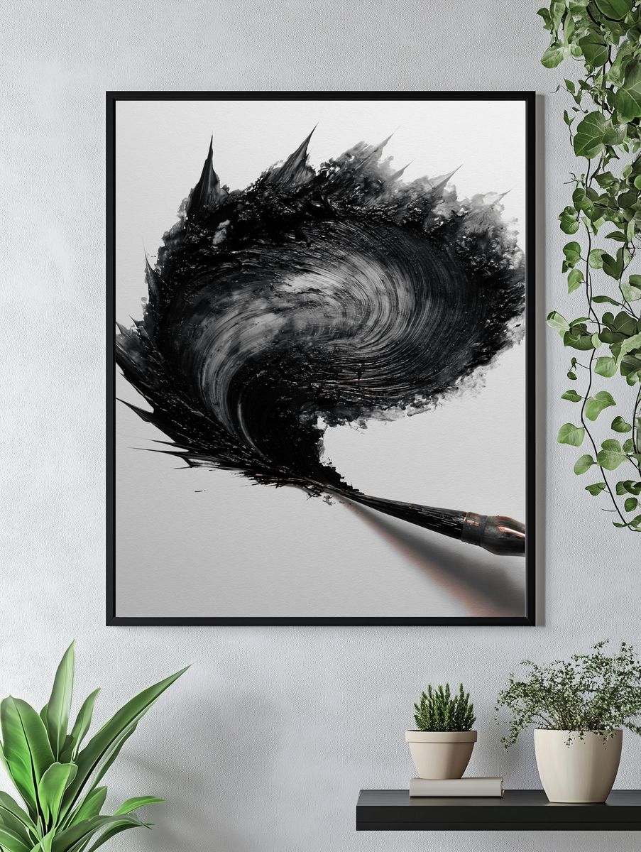 Black Ink Brushstroke Abstract Print. — room view 4
