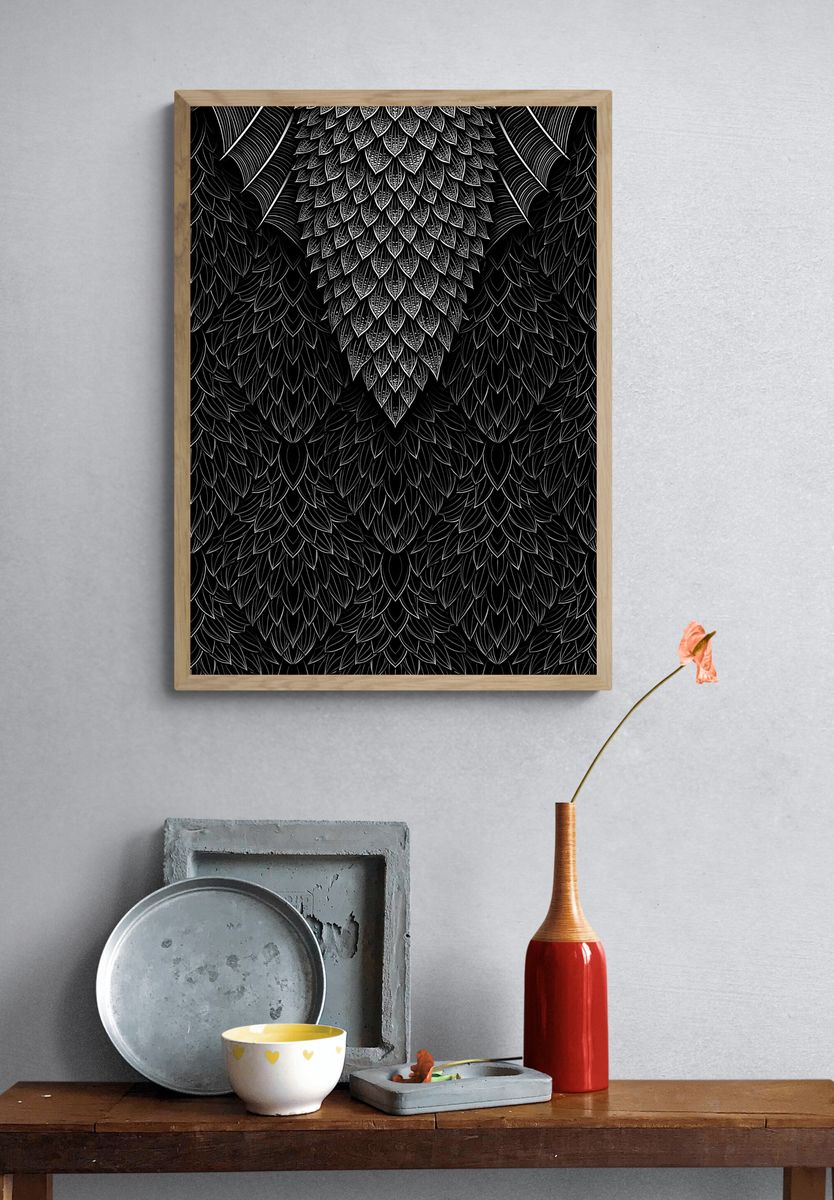 Black Feather Pattern Print. — room view 3