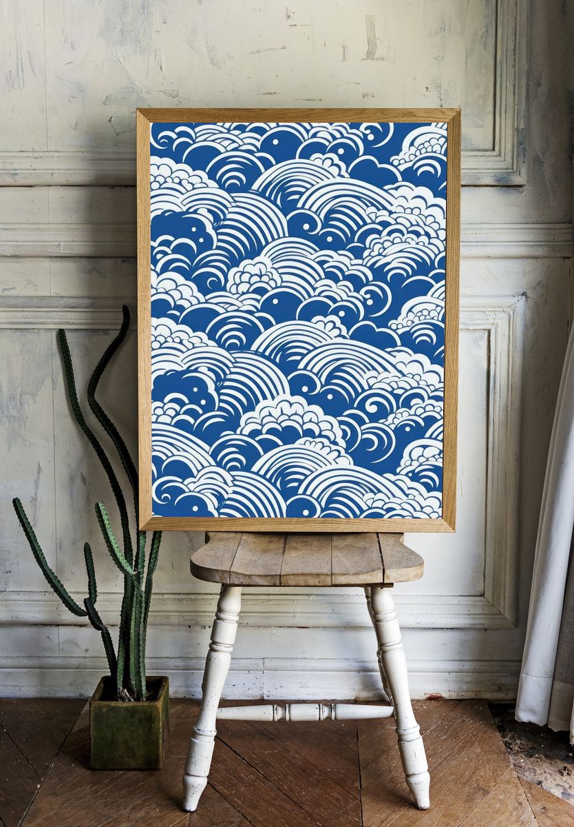 Blue Wave Clouds Abstract Print. — room view 1