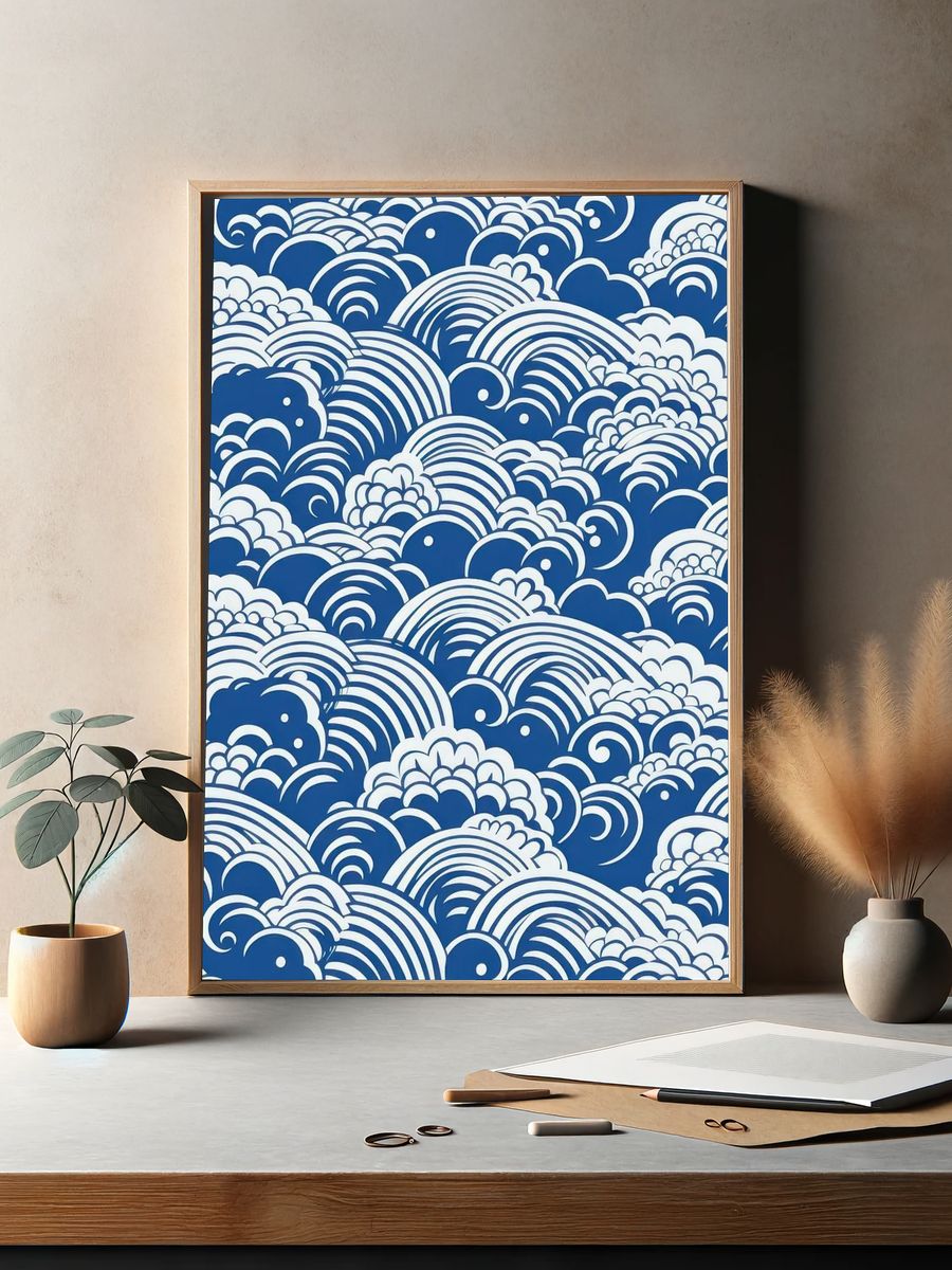 Blue Wave Clouds Abstract Print. — room view 2