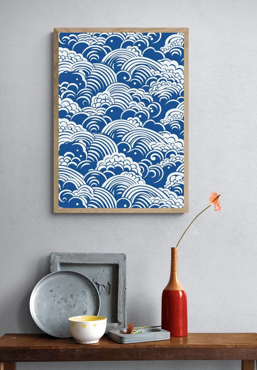 Blue Wave Clouds Abstract Print. — room view 3