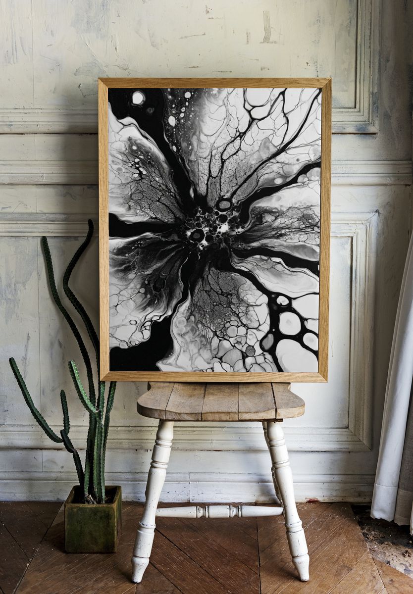Abstract Black and White Floral Art Poster. — room view 1