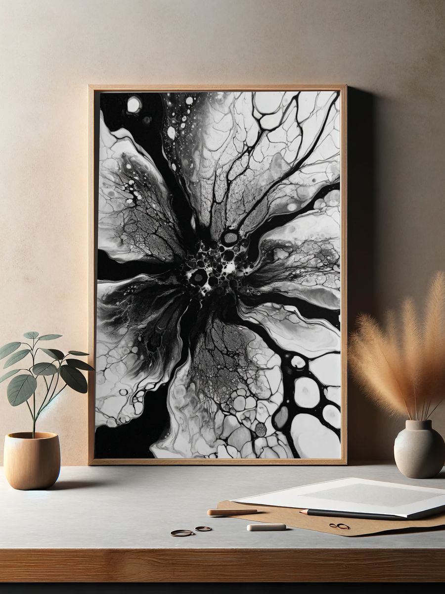 Abstract Black and White Floral Art Poster. — room view 2