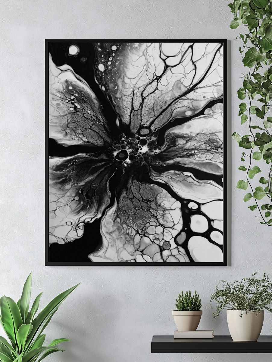 Abstract Black and White Floral Art Poster. — room view 4